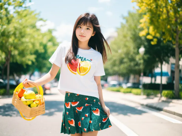 lens 135mm f1.8, (masterpiece, best quality:1.2), (raw photo), (1 girl), (looking away), flutter in the wind, (Fruits printed T-shirts and skirt), (at the sunlight street),nakes 