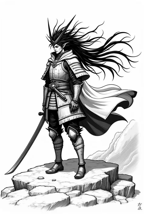 "Create a black-and-white manga-style illustration of a fictional warrior, long hair with crown character standing in a dynamic pose. The character should wear traditional armor with angular designs, similar to samurai or feudal-era influences, and have wi...