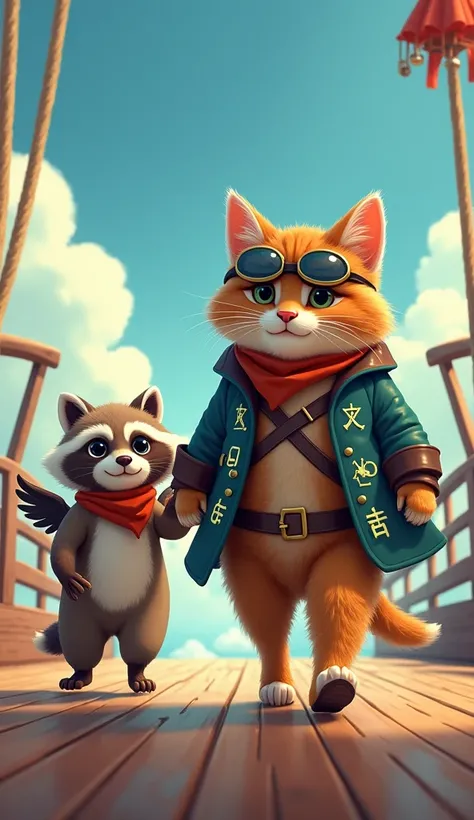 " Create a whimsical scene of a tabby cat dressed as a sky pirate,  wearing protective goggles and a coat adorned with glowing runes ,  standing on the deck of an airship . Next to him,  a raccoon with wings walks beside him , screaming with excitement .  ...