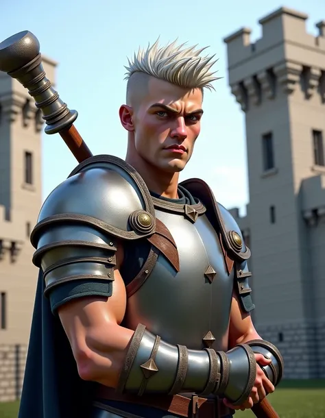 Pathfinder kingmaker style portrait of a cute, sinewy muscled, pug nosed, aggressive looking 18 year old male human fighter in heavy armless chest-plate with short length, undercut, spikey, silver color hair, holding a mace, in front of a medieval castle.