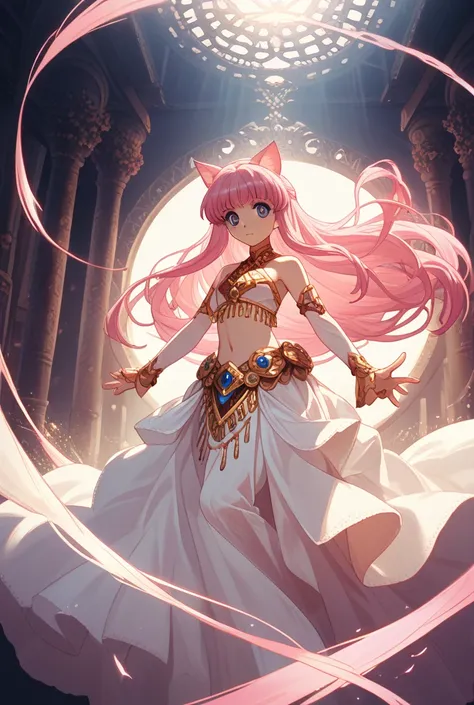 Full body, girl, , human beast, cat beast ears, pink twin-tail hair, very long hair, A beautiful anime-style girl, long flowing pink hair, Pastel and soft shades of pink, 90s anime-inspired fantasy illustration：：7, highly detailed hair texture, glowing hig...