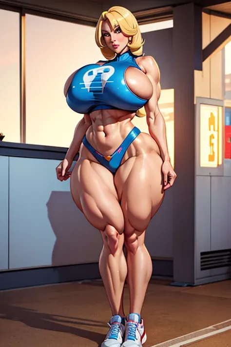 (Pokemon:Cynthia), blonde, babe, big boobs, voluptuous mommy milkers, 6 pack abs, athletic, super big thighs, full body pose, legs standing apart, giant mommy milkers, pumped up boobs, action pose
