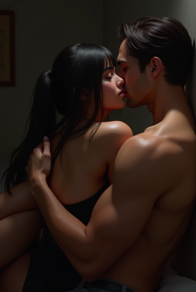 A woman her straight black hair in a ponytail sucking the cock of a muscular and handsome man