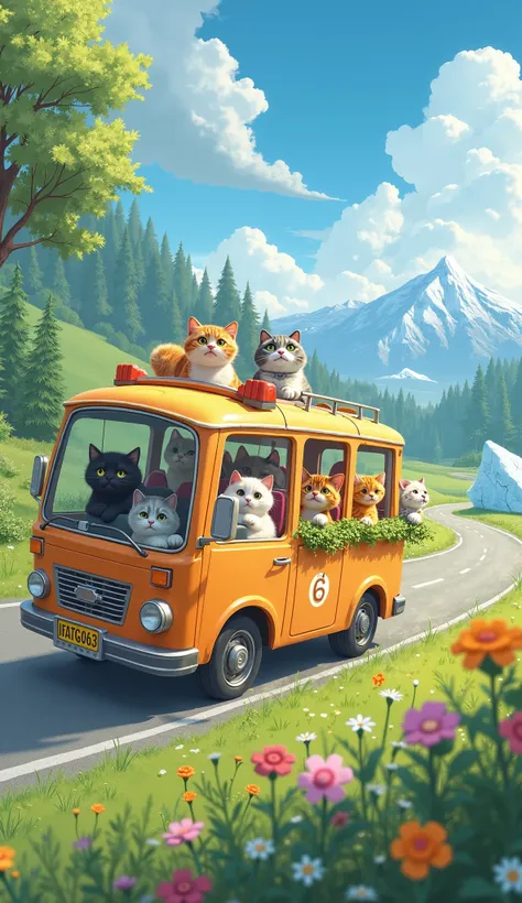  fantastic,  A charming bus full of cats runs through a picturesque natural landscape.  The bus has a playful and adorable design , カラフルな模Mr.と肉球の跡が描かれています. internal,  like orange tiger cats 、Mr.々 colored cats , Pure white cat, There are glossy black cats ,...