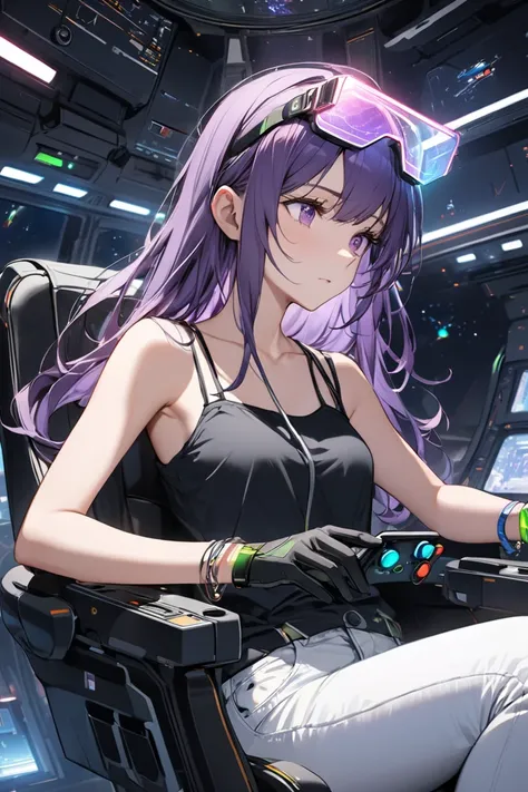 (Best quality, masterpiece), intricate details, upper body, inside space ship, piloting controls, chair, hands on switches, switches, control switches, flashing lights, gloves, young woman with purple eyes, purple hair, long hair, swept, bangs, deep in tho...