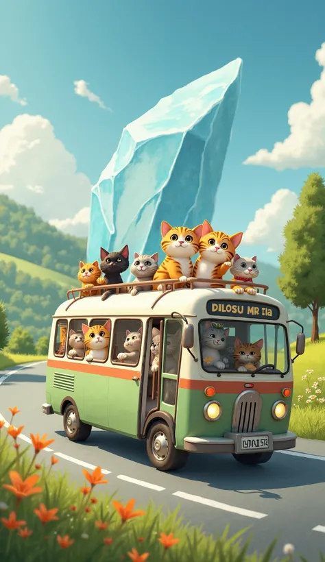  fantastic,  A charming bus full of cats runs through a picturesque natural landscape.  The bus has a playful and adorable design , カラフルな模Mr.と肉球の跡が描かれています. internal,  like orange tiger cats 、Mr.々 colored cats , Pure white cat, There are glossy black cats ,...