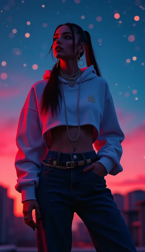 (Masterpiece), (high quality), (ultra-detailed), cropped hiphop hoodie, chains, thong, long split hair, ponytail, outside, night, sky filled with stars, pov from below, looking up, stars, beautiful night sky, sky full of stars, beautiful glow background, s...