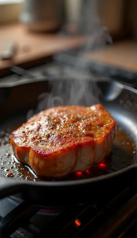 Hyper-realistic image of a hot cast iron skillet with a piece of seasoned pork shoulder being seared on high heat. Golden brown crust forming on the edges of the meat. The kitchen background shows a subtle, soft light.