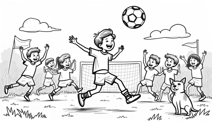 Imagine a lively soccer scene where a group of cheerful ren are playing a game on a sunny day. In the center, a big soccer ball is being kicked by a smiling  wearing a fun jersey. Surrounding them are friends cheering, jumping, and clapping, with some hold...