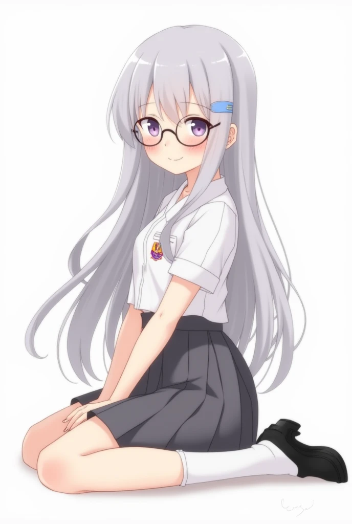 A young anime girl with long silver hair flowing smoothly, styled with a side hair clip. She has a soft and confident smile, wearing round glasses that enhance her intelligent and kind appearance. Her outfit is a traditional Indonesian high school uniform:...