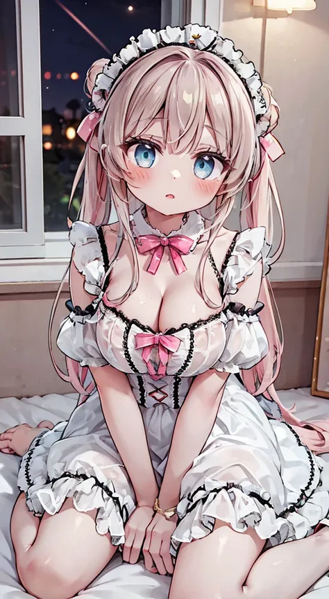 incoming kiss,face waiting for kiss,Young girl wearing Lolita cosplay, frog-sit on the floor,On the bed,gold pink twintailshair,Cute eyes,focus on cleavage,,Large Breasts,Perfect hands,Perfect legs,room,nighttime,NSFW,