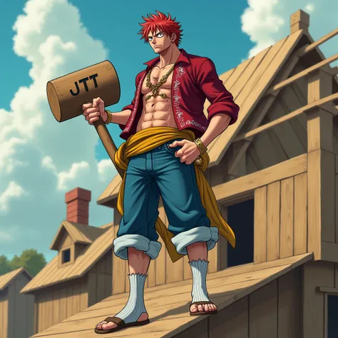 One Piece Shanks、「JTT」Carrying a wooden hammer engraved with、Carrying 「JTT」and embroidery、3 scratches on the left eye 、Red hair 、 wearing white socks、Standing on the roof of a wooden house under construction 、 on a wooden frame