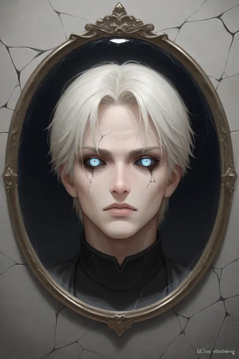 Ultra-realistic, hyper-detailed close-up of a human eye staring through a cracked mirror. The eye is wide open, icy pale with intricate veins visible in the sclera. The reflection in the mirror distorts subtly, with cracks running across the skin, splittin...