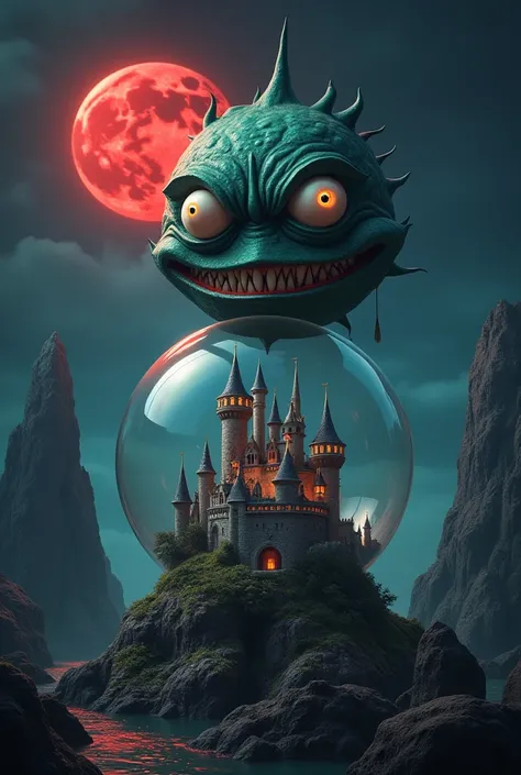 A castle inside a glass ball. And on top of the glass ball there are two eyeballs and a sly smiling mouth. Night background with a red moon in the upper left corner