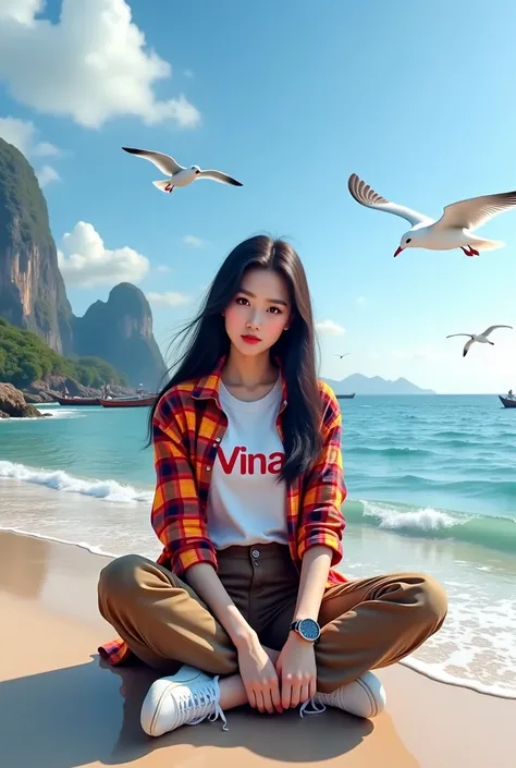 Beautiful Korean girl with smooth white skin, well-groomed face, long straight black hair, red and orange checkered shirt, white T-shirt with the Vina logo, brown cargo pants, cool watch, white shoes posing sitting on the beach, background, sea waves, fish...