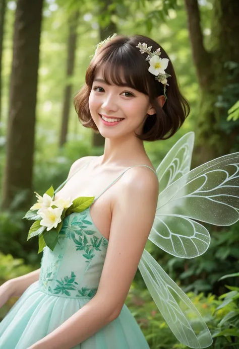 A beautiful Japanese actress with short brown bob hair, wearing a fairy-like outfit with delicate details, including transparent wings and a flowing pastel dress. She is smiling warmly, with a serene and magical atmosphere. The scene is softly lit, with a ...