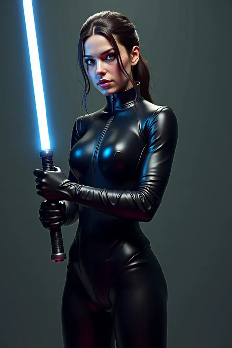 arafed woman in a wet suit holding a lightsabed sword, a hyperrealistic painting inspired by Marek Okon, featured on zbrush central, process art, cinematic goddess body shot, cinematic body shot, female jedi, star wars character, wet shiny skin, holding li...