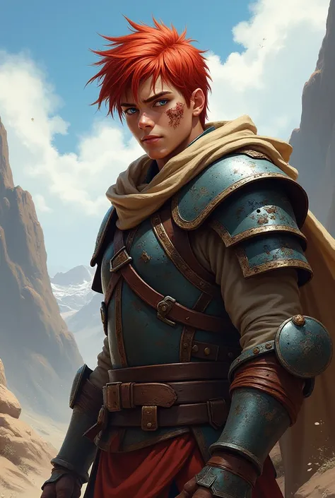  20-year-old boy ,  warrior with red hair and blue eyes, a scar on the right cheek  