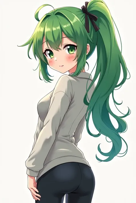 Make an image of an anime girl with green hair showing her ass and blushing 