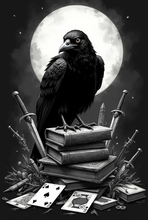 Black and white, logo, gothic, crow, playing cards, books, weapons