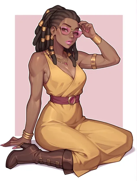 score_9, score_8_up, score_7_up, 1girl, (((dreadlock hairstyle))), hippie, pink lipstick, brown skinned, misty pink eyes, pink sunglasses, yellow top,yellow dress with a cut that shows the leg, all body, elegant position, witchcraft, long pink nails, black...