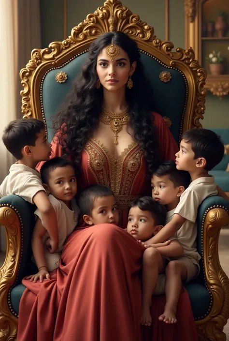 Génére moi une femme sultane jeune, riche et belle aux long cheveux frisés assise sur une chaise, avec ses nombreux enfants, des petits garçons à ses côtés et dans ses bras. 