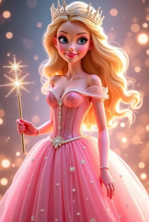 Here’s a detailed prompt to generate an image of Glinda from Wicked:

Prompt:

"Create an image of a beautiful, young woman with blonde hair styled in soft, voluminous curls. She is wearing a sparkling, light pink ball gown adorned with delicate lace and g...