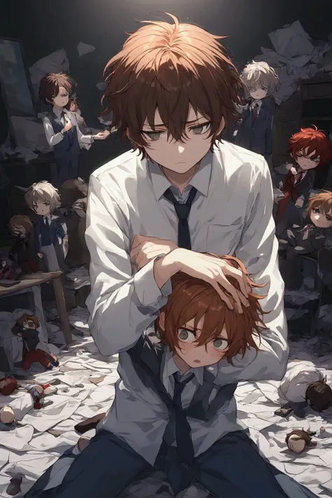 Illustration, top quality, pixiv illustration, very detailed animation, (alone) (male), brown hair, short hair, gray eyes, messy room background, work suit, dramatic contrast, doll history, dark circle, hung hair, desperate expression