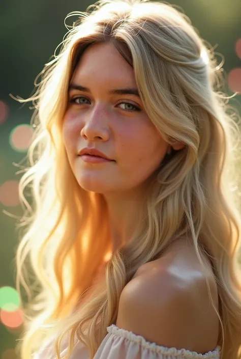  blond hair ,  with vibrant bokeh balls gently framing her delicate shape .