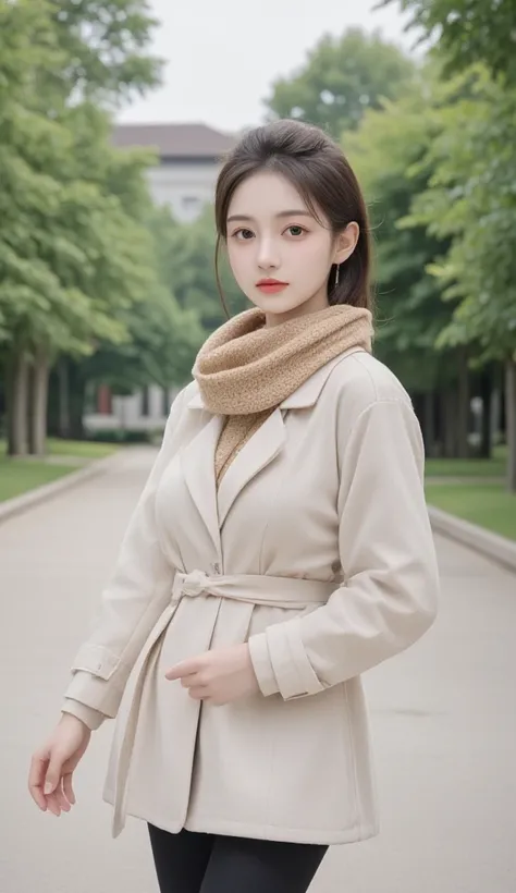  A cute and pretty girl ， wearing a light colored trench coat ， wears a soft knitted scarf ， walking along a tree-lined path in an old campus 。 The trench coat is retro style ， with big buttons and a flared hem。 scarf is a warm earthy color ， that wraps ar...