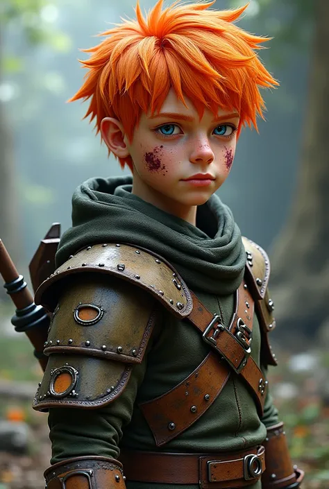 20-year-old warrior boy , orange hair and blue eyes ,  scar on right cheek, Realistic design 