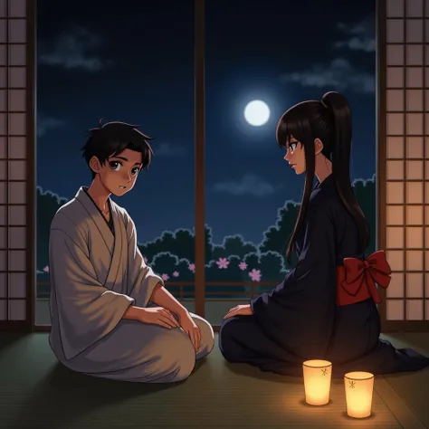 "prompt": "A detailed digital painting of a traditional Japanese-style room at night, softly lit by warm paper lanterns. In the foreground, a young man with a gentle expression and short dark hair dressed in a simple yukata sits awkwardly on a tatami mat, ...