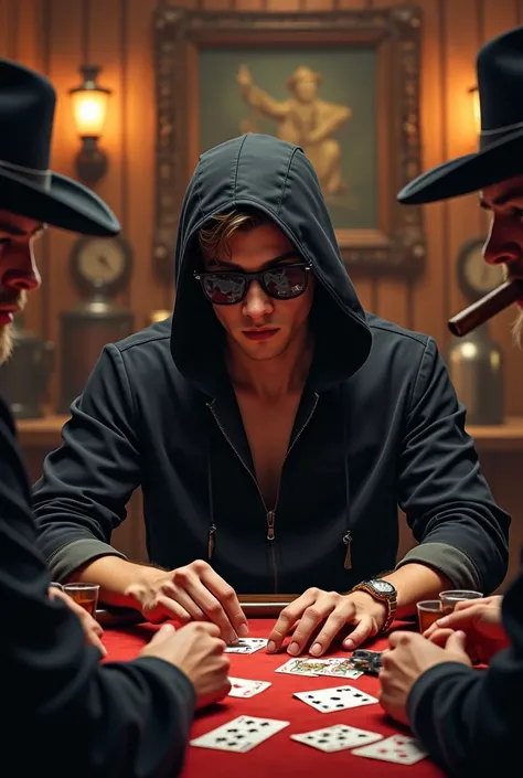  Poker player, man, Young,  wearing a black hooded blouse and dark sunglasses ,  playing poker at a Texan bar ,  western style , with gentlemen ,  scenario with drink  ,  cigar and a revolver on the table 