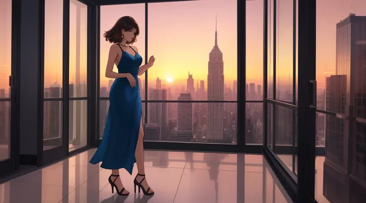 "A beautiful woman standing by a large window overlooking a futuristic city skyline during a serene sunset. She is wearing a sleek, form-fitting blue dress with thin straps, and her short, slightly messy brown hair complements her elegant yet casual style....