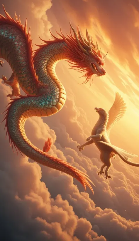 A majestic Chinese dragon with a long, serpentine body covered in shimmering, colorful scales, gracefully flying through the skies. Its flowing mane and whiskers ripple in the wind as it faces off against a powerful griffin with the body of a lion and the ...