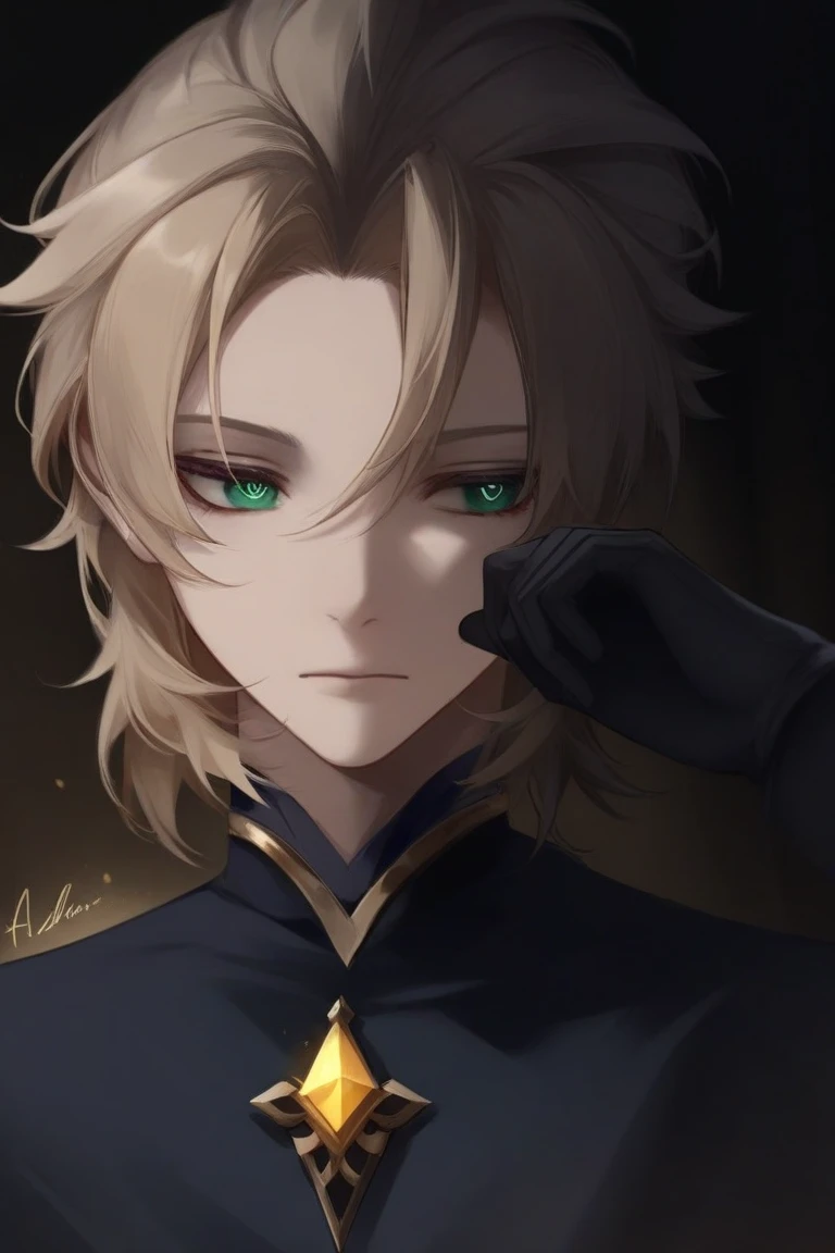  masterpiece fails. 1 character.  male character. albedo из genshin impact.  light skin .  golden blonde hair, slightly wavy. black pupils, thin eyes.  neutral facial expression .  looking away. small gold diamond on the neck .  dark clothes .  dark gloves...