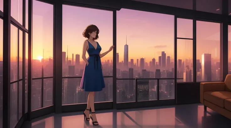 "A beautiful woman standing by a large window overlooking a futuristic city skyline during a serene sunset. She is wearing a sleek, form-fitting blue dress with thin straps, and her short, slightly messy brown hair complements her elegant yet casual style....