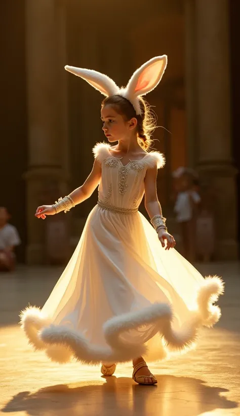 "The girl now dances alone, dressed in an elegant, soft white gown adorned with delicate fur trimmings and subtle silver embroidery, echoing the rabbit’s snowy beauty. The dress flows with her movements, resembling the gentle hops and twirls of her furry c...