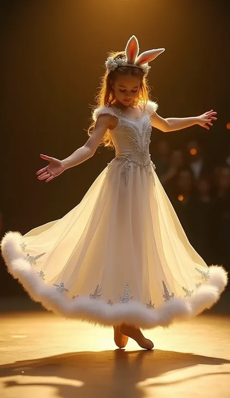 "The girl now dances alone, dressed in an elegant, soft white gown adorned with delicate fur trimmings and subtle silver embroidery, echoing the rabbit’s snowy beauty. The dress flows with her movements, resembling the gentle hops and twirls of her furry c...