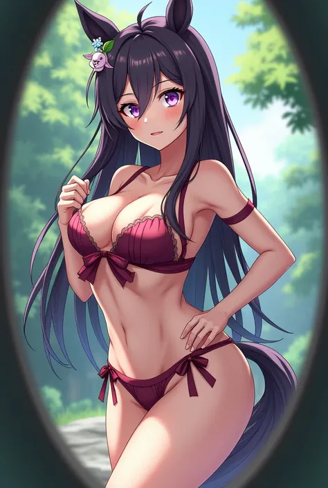 the anime girl is very sexy in her sexy costumes that she can use to get what she wants, 1girl, nice nature (umamusume),  animal ears, breasts, underwear, tail, solo, horse ears, school uniform, blush, purple eyes, bra, recording, horse girl, horse tail, v...