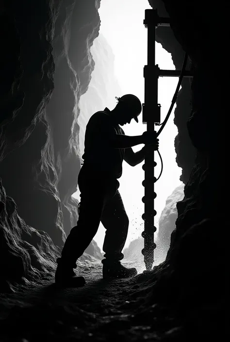 Silhouette of an underground miner drilling a rock wall