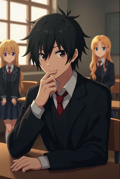 Black Gakuran uniform Anime guy with black hair, very cold, not smiling, sitting in a classroom with a cute girl with long blonde hair standing out, wearing a Japanese school uniform, facing the camera, black blonde haired girl, Hogwarts Legacy, Gryffindor...