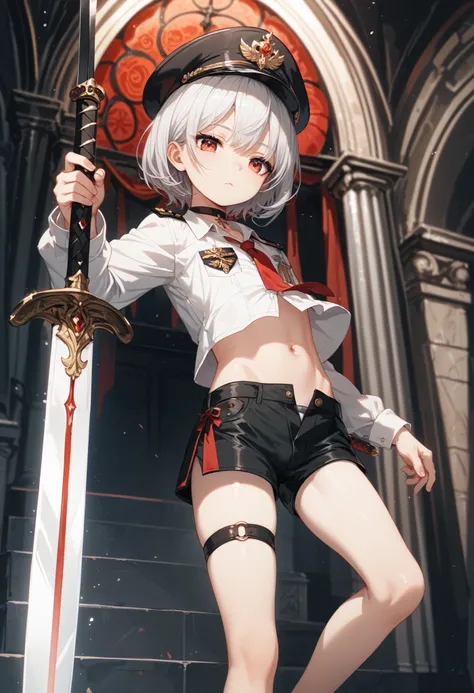 ((최고의 품질)), ((걸작)), (상세한), 완벽한 얼굴, SOLO, 1 BOY, SHOTA, ANIME, beautiful detailed eyes, BOB hair, white hair, red EYES, BARE thighs, (((BARE LEG))), ((BLACK short pants)), (((dress shirt))), ((MID DRIFF)), Flat chest, Choker, expressionless, (Thigh strap), ...