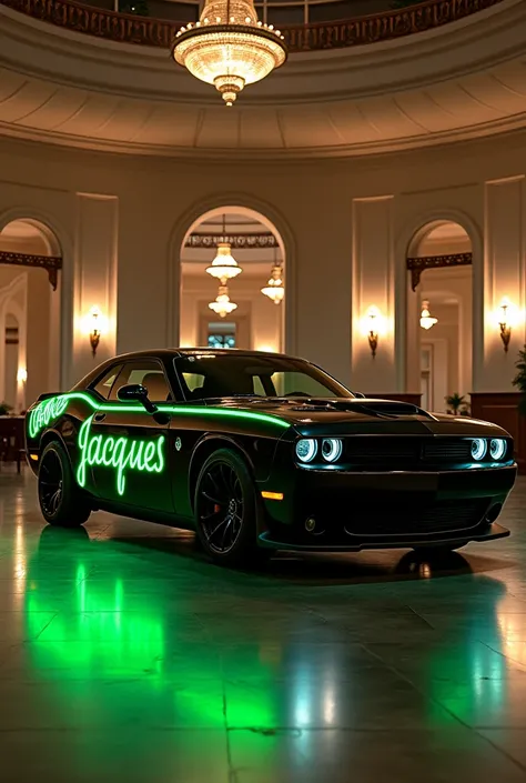 Dodge challenger SRT black colour and have Jacques name painted on all body with green neon colour and sports wheels and parking in big luxury garage Hilton hotel Very realistic photography 