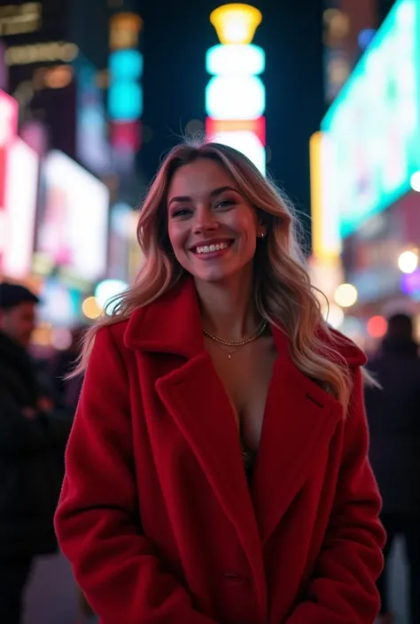  “Beautiful women and models posing in elegant outfits for the New Year in New York, With the city lit up in the background,  highlighting Times Square and its bright signs .  They must be smiling ,  with expressions of happiness and style , wearing gala d...