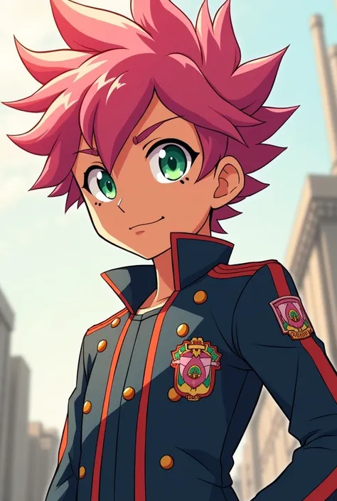 A boy from Boku no Hero, with pink hair (the shape of the hair is pointy), salmon-colored complexion, emerald eyes. with the UA uniform