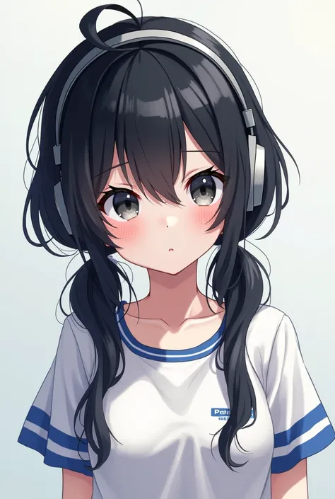 Make me an anime girl with two low ponytails, half-disheveled black hair, a white shirt with blue stripes with headphones and black eyes.