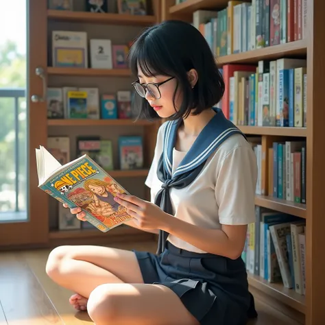 Photo, high-resolution portrait of a Thai woman wearing glasses, short bangs, black hair, 19 years old, wearing a Korean school uniform_short skirt_sitting on the floor of the room_sitting with knees bent, white buttocks visible_in a manga comic book in ha...