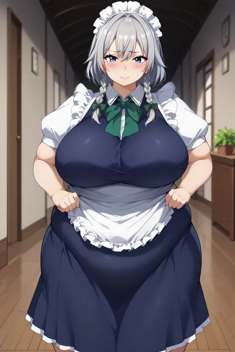  Sixteen Night Sakaki Night ,Sakuya Izayoi,  shortcuts、 braids, maid clothes、Navy blue clothes,White ruffle sleeves,Short sleeve,unexposed breasts, navy blue ruffle skirt、 miniskirt,white ruffle apron , blue eyes、 silver hair、 Western-style hallway 、Wester...