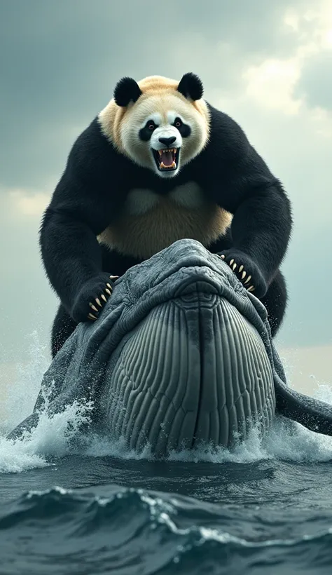 Brutal panda riding an ultra realistic whale 